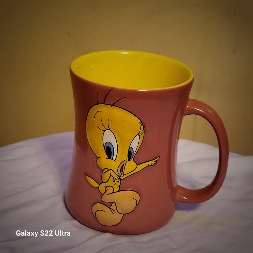Vtg 90s Y2K LARGE MUG Tweety Bird HAPPY COLORS 5"×3.5" Yellow Pink